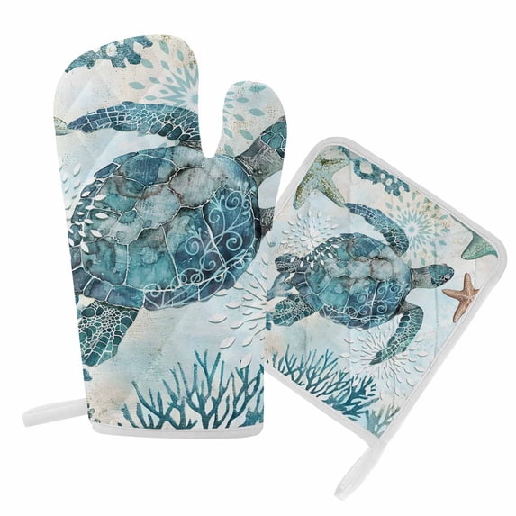 Oven Mitt and Pot Holders SetTurtle Starfish Heat Resistance Oven Gloves with Non-Slip Surface Kitchen Oven Mitts and Hot Pads for Cooking Baking Grilling BBQ, Ocean Coral Retro