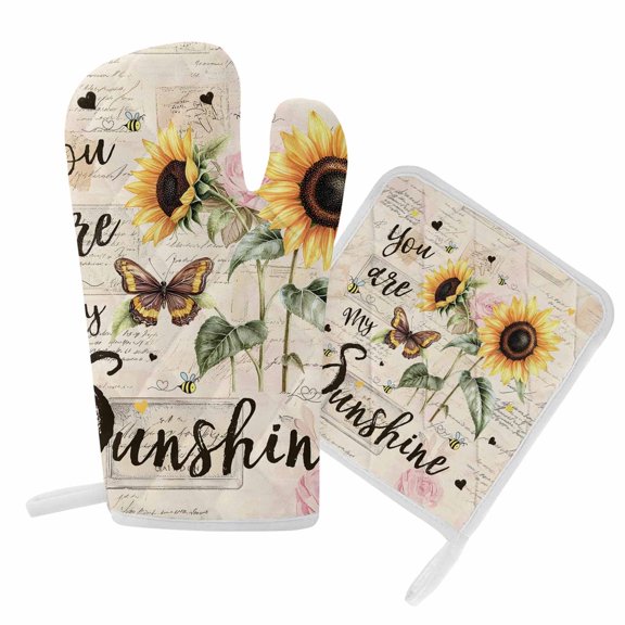 Oven Mitt and Pot Holders SetYellow Sunflower Heat Resistance Oven Gloves with Non-Slip Surface Kitchen Oven Mitts and Hot Pads for Cooking Baking Grilling BBQ, Sunshine Vintage Floral