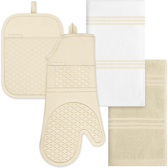 Oven Mitt and Pot Holders Sets, Quilted Cotton Terry Cloth,Non-Slip Pot Holder, Silicone Oven Mitt Heat Resistant, Oven Mittens 7.3"x14.2", Hot Pad 7"x10" & Dish Cloths 13"x25"