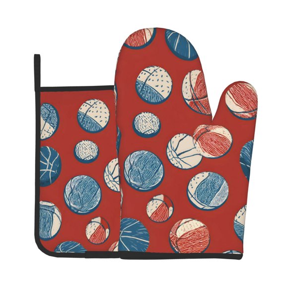Oven Mitt And Trivet Set 2Pcs HighHeat Resistance Thickened Kitchen Oven Mitts Non-Slip Trivets Basketball Theme Seamless Pattern