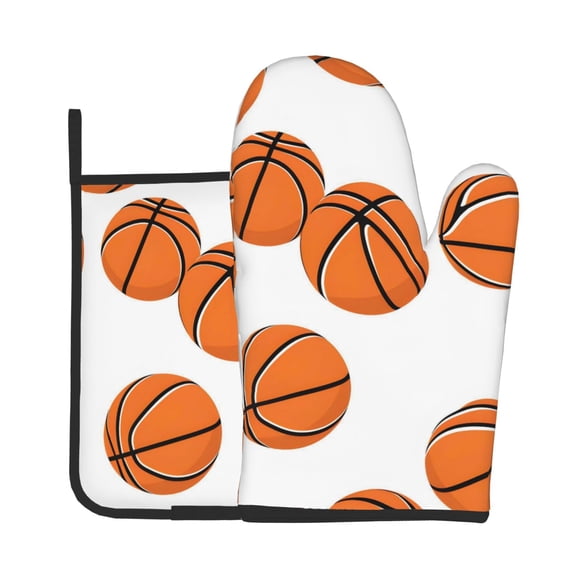 Oven Mitt And Trivet Set 2Pcs HighHeat Resistance Thickened Kitchen Oven Mitts Non-Slip Trivets Basketball Theme Sporty Dynamic Style