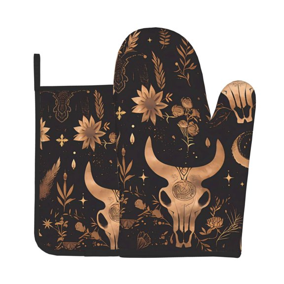 Oven Mitt And Trivet Set (2-Piece) High-Heat Resistance Thickened Extended-Length Kitchen Oven Mitts Non-Slip Trivets Bohemian Cow Skull Crescent Moon Flower