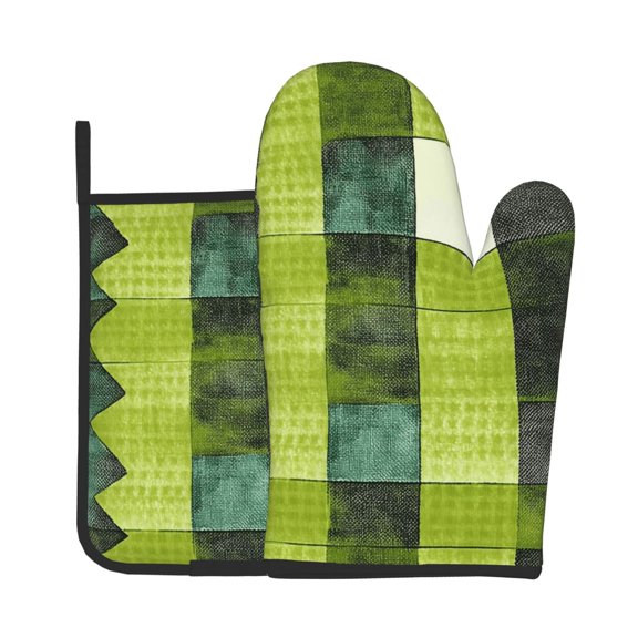 Oven Mitt And Trivet Set 2Pcs HighHeat Resistance Thickened Kitchen Oven Mitts Non-Slip Trivets Chartreuse Retro Houndstooth Hand-Drawn Sketch_4