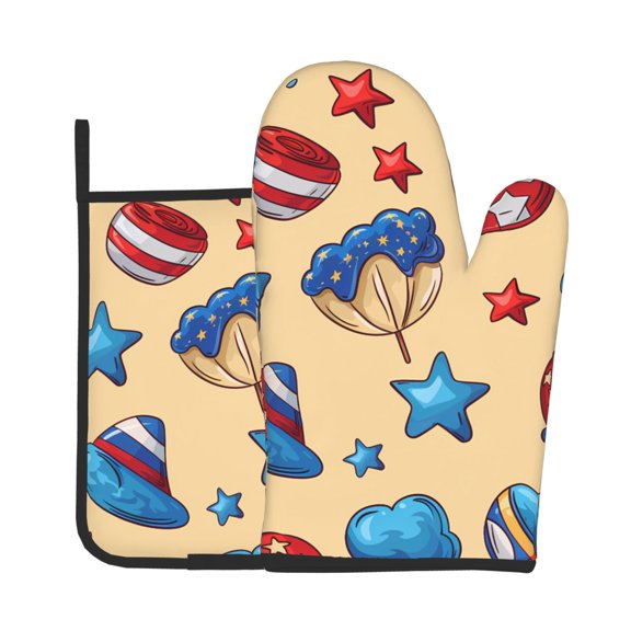 Oven Mitt And Trivet Set 2Pcs HighHeat Resistance Thickened Kitchen Oven Mitts Non-Slip Trivets Independence Day Theme Elements Star (3)