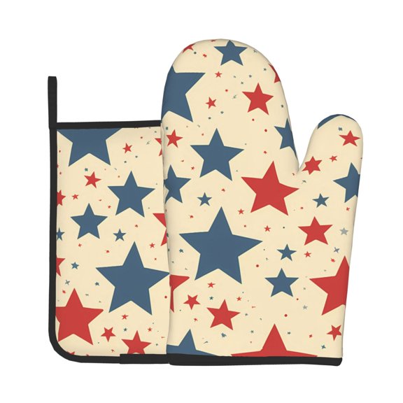 Oven Mitt And Trivet Set 2Pcs HighHeat Resistance Thickened Kitchen Oven Mitts Non-Slip Trivets Independence Day Theme Elements Star (1)