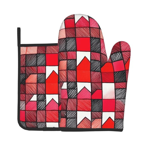 Oven Mitt And Trivet Set 2Pcs HighHeat Resistance Thickened Kitchen Oven Mitts Non-Slip Trivets Red Colorful Houndstooth Hand-Drawn Sketch_3
