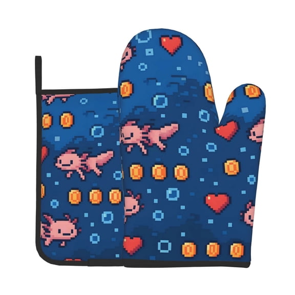 Oven Mitt And Trivet Set 2Pcs HighHeat Resistance Thickened Kitchen Oven Mitts Non-Slip Trivets Retro Pixel Axolotls - 8-Bit Nostalgia