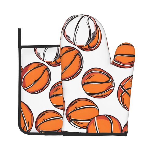 Oven Mitt And Trivet Set 2Pcs HighHeat Resistance Thickened Kitchen Oven Mitts Non-Slip Trivets Seamless Pattern Basketball Theme