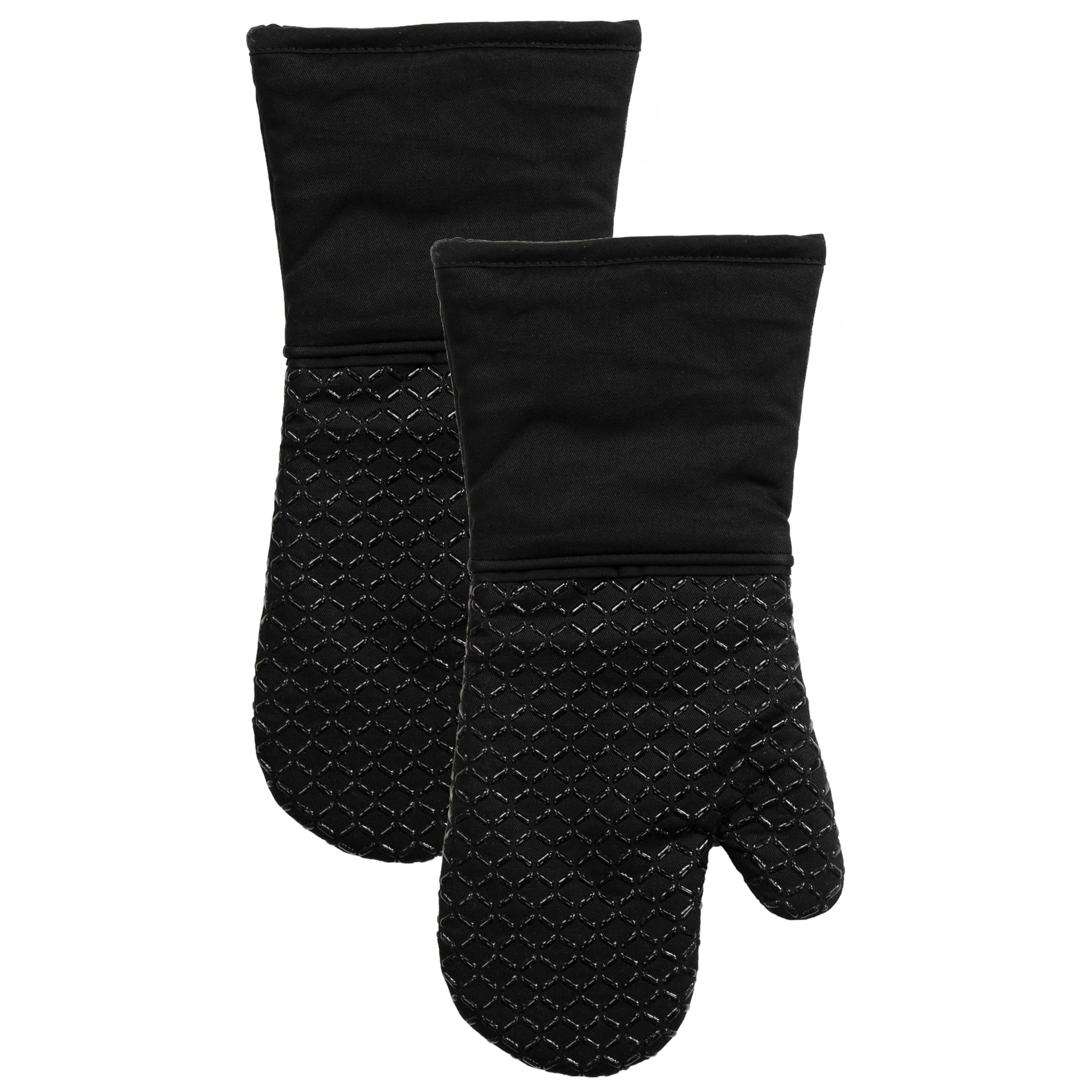 Oven Mitts 14"x7" Black, 2-Pack, Heat Resistant, Cotton with Silicone Grip for Kitchen BBQ