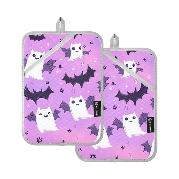 Oven Mitts 2 Pcs Pot Holders Sets Heat Resistant Hot Pads for Kitchen Cooking Baking 7"x9.8" Adorable Cartoon Ghost Bat