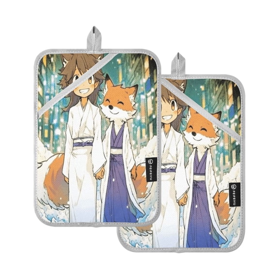 Oven Mitts 2 Pcs Pot Holders Sets Heat Resistant Hot Pads for Kitchen Cooking Baking 7"x9.8" Cartoon Fox on Street
