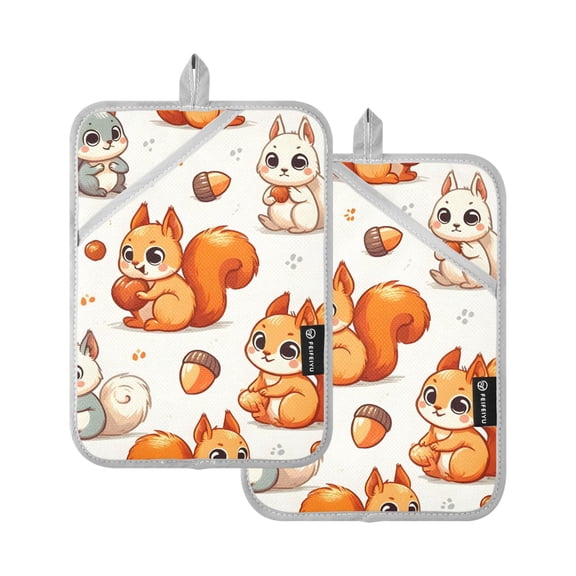 Oven Mitts 2 Pcs Pot Holders Sets Heat Resistant Hot Pads for Kitchen Cooking Baking 7"x9.8" Cute Squirrel Hold Pine Nut