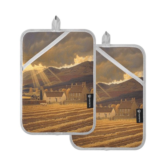 Oven Mitts 2 Pcs Pot Holders Sets Heat Resistant Hot Pads for Kitchen Cooking Baking 7"x9.8" Farms with Sunshine