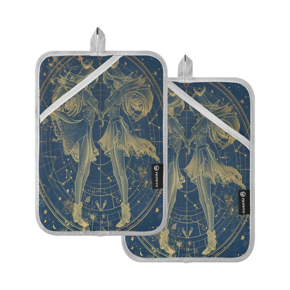 Oven Mitts 2 Pcs Pot Holders Sets Heat Resistant Hot Pads for Kitchen Cooking Baking 7"x9.8" Gemini Of Zodiac