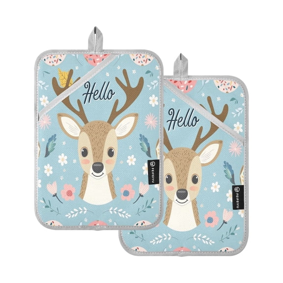 Oven Mitts 2 Pcs Pot Holders Sets Heat Resistant Hot Pads for Kitchen Cooking Baking 7"x9.8" Hello Deer Face