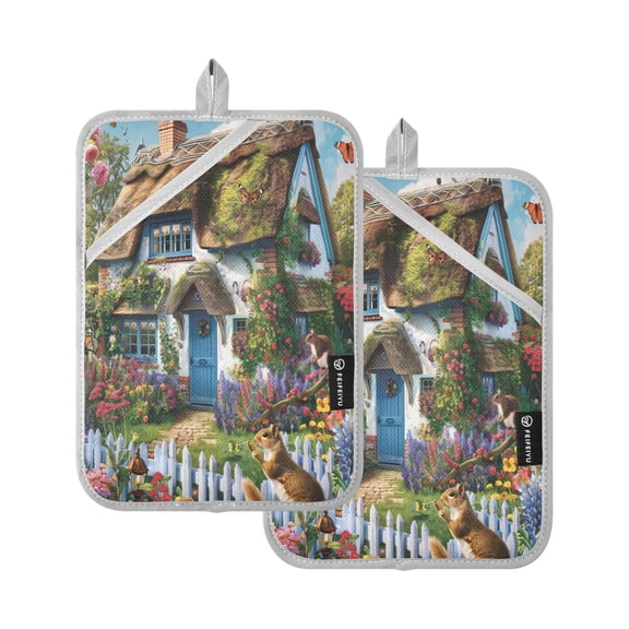 Oven Mitts 2 Pcs Pot Holders Sets Heat Resistant Hot Pads for Kitchen Cooking Baking 7"x9.8" House Squirrels Flower