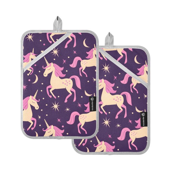 Oven Mitts 2 Pcs Pot Holders Sets Heat Resistant Hot Pads for Kitchen Cooking Baking 7"x9.8" Magic Unicorn and Star
