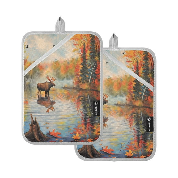 Oven Mitts 2 Pcs Pot Holders Sets Heat Resistant Hot Pads for Kitchen Cooking Baking 7"x9.8" Moose Standing in Water