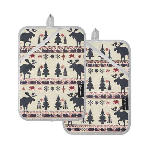 Oven Mitts 2 Pcs Pot Holders Sets Heat Resistant Hot Pads for Kitchen Cooking Baking 7"x9.8" Moose Tree Silhouette