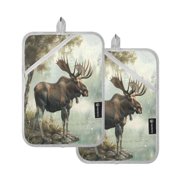 Oven Mitts 2 Pcs Pot Holders Sets Heat Resistant Hot Pads for Kitchen Cooking Baking 7"x9.8" Moose on Misty Lake