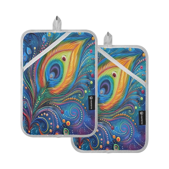 Oven Mitts 2 Pcs Pot Holders Sets Heat Resistant Hot Pads for Kitchen Cooking Baking 7"x9.8" Peacock Feather