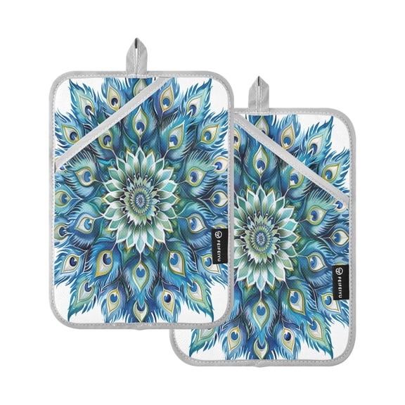 Oven Mitts 2 Pcs Pot Holders Sets Heat Resistant Hot Pads for Kitchen Cooking Baking 7"x9.8" Peacock Feathers Mandala