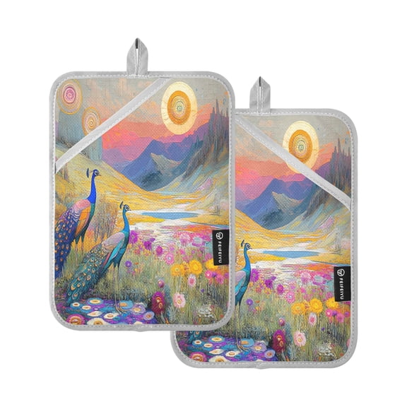 Oven Mitts 2 Pcs Pot Holders Sets Heat Resistant Hot Pads for Kitchen Cooking Baking 7"x9.8" Peacocks in Alpine Meadow