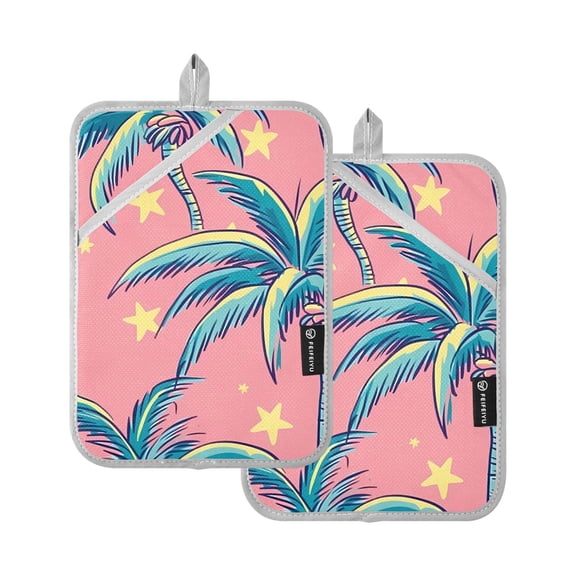 Oven Mitts 2 Pcs Pot Holders Sets Heat Resistant Hot Pads for Kitchen Cooking Baking 7"x9.8" Retro Vintage Palm Tree