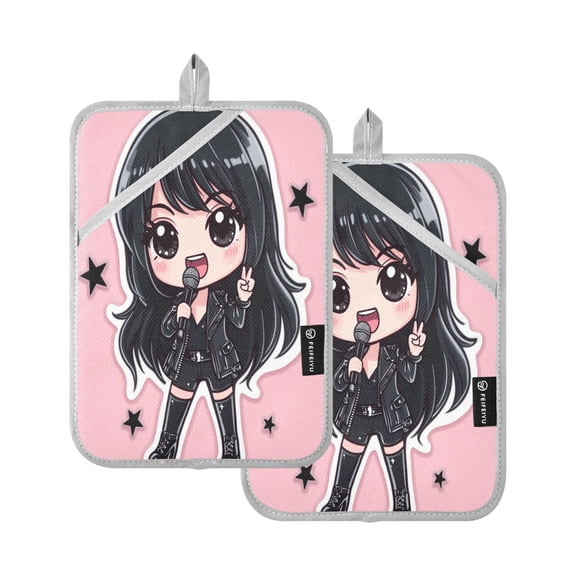 Oven Mitts 2 Pcs Pot Holders Sets Heat Resistant Hot Pads for Kitchen Cooking Baking 7"x9.8" Rock and Roll Girl Singing