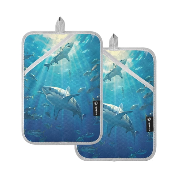 Oven Mitts 2 Pcs Pot Holders Sets Heat Resistant Hot Pads for Kitchen Cooking Baking 7"x9.8" Shark Fish Swimming