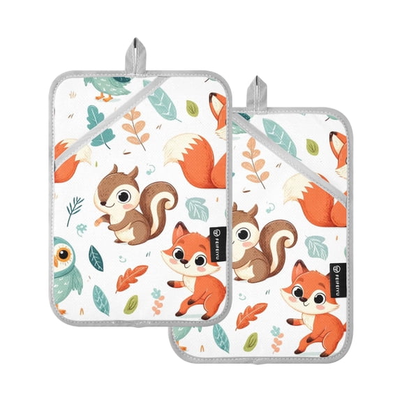 Oven Mitts 2 Pcs Pot Holders Sets Heat Resistant Hot Pads for Kitchen Cooking Baking 7"x9.8" Squirrel Fox Owl Leaf