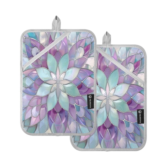 Oven Mitts 2 Pcs Pot Holders Sets Heat Resistant Hot Pads for Kitchen Cooking Baking 7"x9.8" Violet Floral Stained Glass