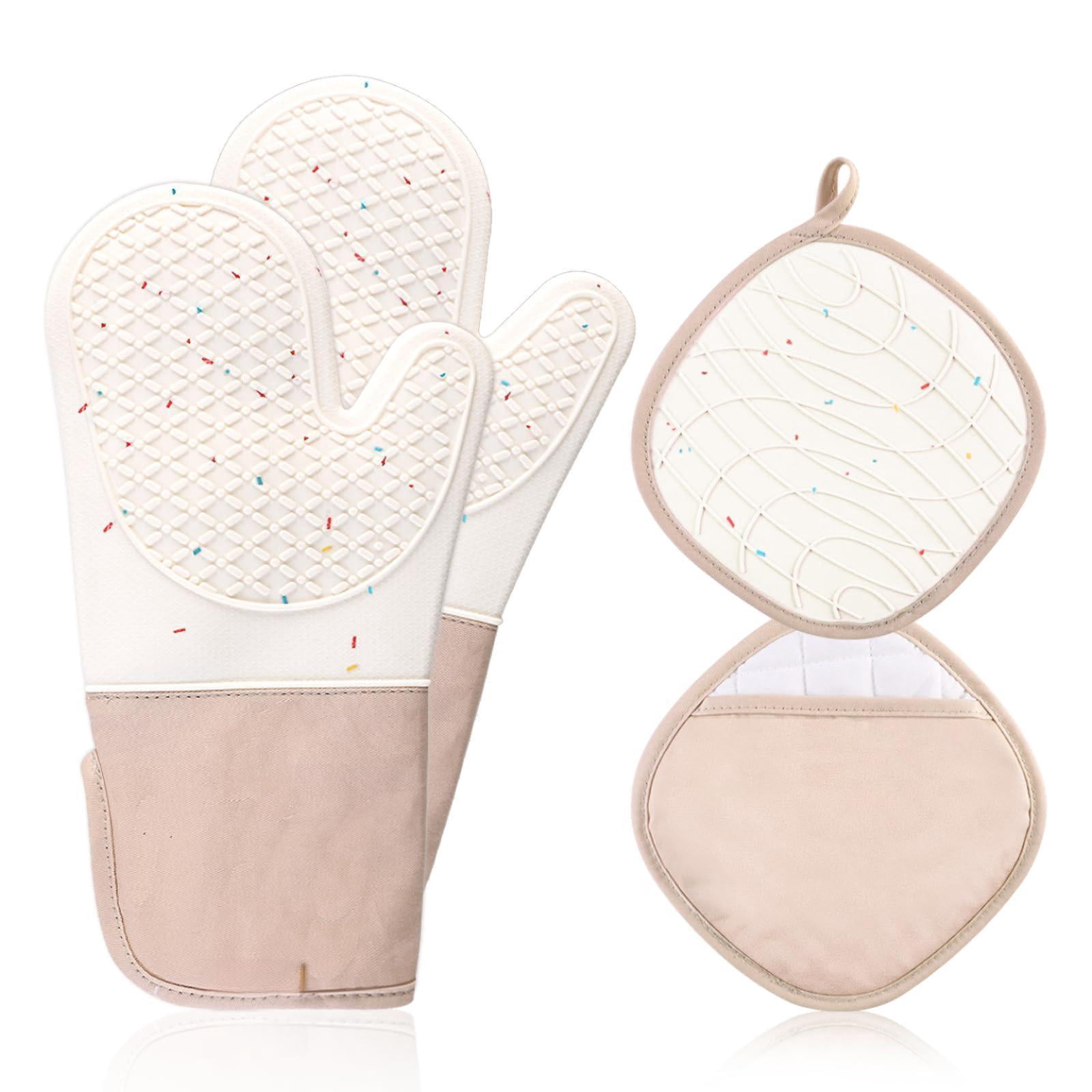 Oven Mitts Beige 4, Heat Resistant Kitchen Gloves for Baking Cooking
