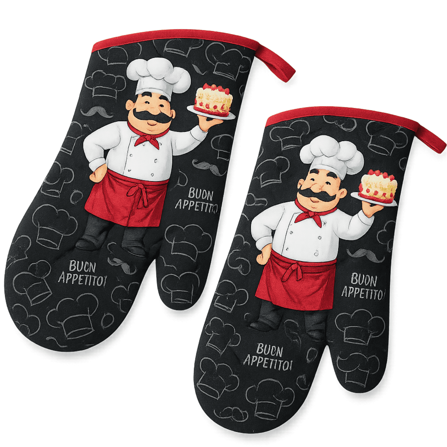 Oven Mitts Chef Theme - 2 Pack Cooking Kitchen Mitts, Sturdy Cotton Gloves by Osnell USA