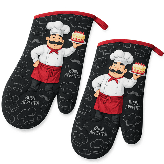 Oven Mitts Chef Theme - 2 Pack Cooking Kitchen Mitts, Sturdy Cotton Gloves by Osnell USA