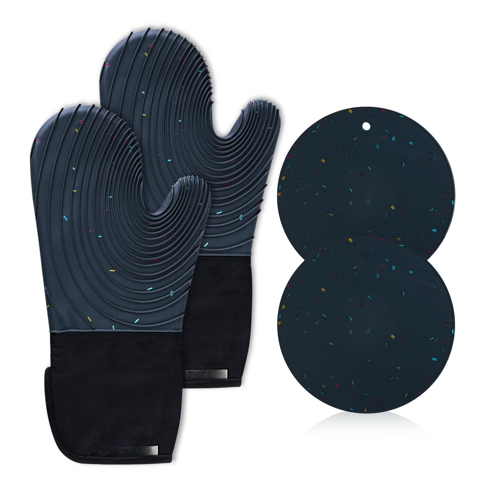 Oven Mitts Darkgrey 4-Piece Silicone Cotton Lined Set for Cooking Baking BBQ
