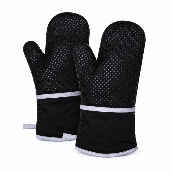 Oven Mitts, Heat Resistant Kitchen Oven Gloves 572F, Non-Slip Silicone Surface, Extra Long Flexible Thick Mitts for Kitchen , Cooking , Baking , BBQ , Black