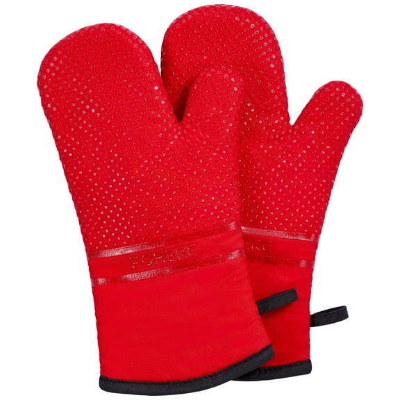 Oven Mitts, Heat Resistant Kitchen Oven Gloves 572Â°F, Non-Slip Silicone Surface, Extra Long Flexible Thick Mitts for Kitchen , Cooking , Baking , BBQ , Grid Red