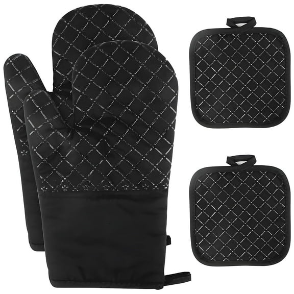 Oven Mitts,Heat Resistant Kitchen Oven Gloves,Silicone Surface,Heat Resistant Non-Slip Gloves,Extra Long Flexible Thick Mitts For Kitchen,Cooking,Baking,Barbecue,Black 4pcs