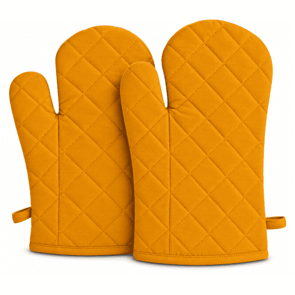 Oven Mitts, Pack of 2, 100% Cotton Quilted Heat Resistant Kitchen Oven Gloves, 13-Inch Long, 7-Inch Wide, for Cooking and Baking Mustard yellow