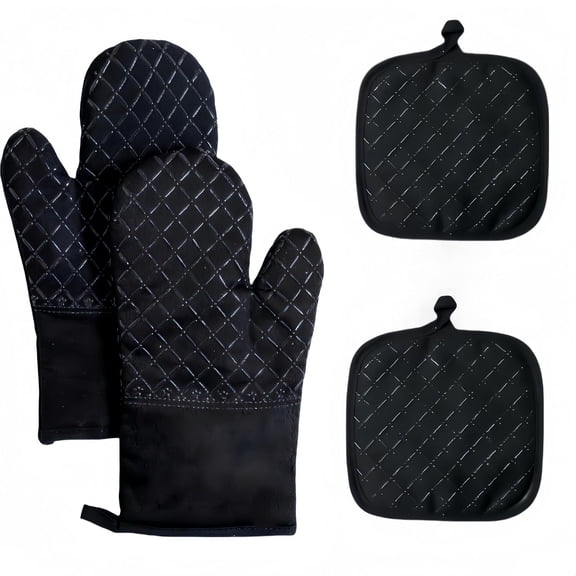 HEETLY Oven Mitts and Pot Holders Set, 4-Piece, 500F Heat Resistant with Neoprene Grip, Black