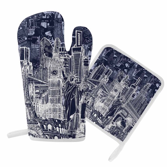 Oven Mitts and Pot Holder Set for Kitchen, Architecture Landscape Kitchen Oven Gloves Heat Resistance Non-Slip Surface Potholders Indigo Historic Landmarks Hot Pads Sets for Cooking Baking BBQ