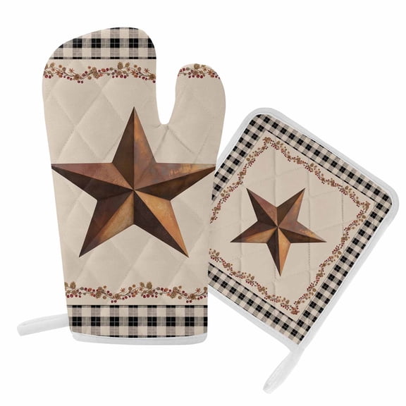 Oven Mitts and Pot Holder Set for Kitchen, Barn Star Texas Kitchen Oven Gloves Heat Resistance Non-Slip Surface Potholders Berry Retro Country Black Plaid Hot Pads Sets for Cooking Baking BBQ