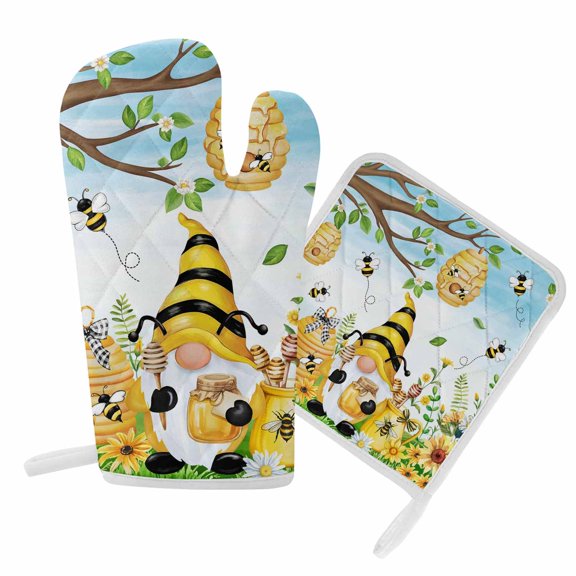 Oven Mitts and Pot Holder Set for Kitchen, Bee Gnome Kitchen Oven Gloves Heat Resistance Non-Slip Surface Potholders Sunflower Daisy Flower Honeycomb Hot Pads Sets for Cooking Baking Grilling BBQ