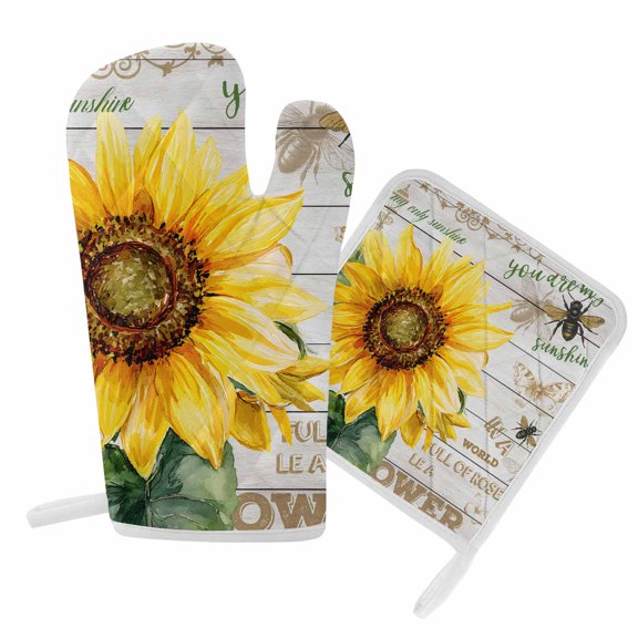 Oven Mitts and Pot Holder Set for Kitchen, Bee Sunflower Kitchen Oven Gloves Heat Resistance Non-Slip Surface Potholders My Sunshine Retro Wood Grain Hot Pads Sets for Cooking Baking Grilling BBQ