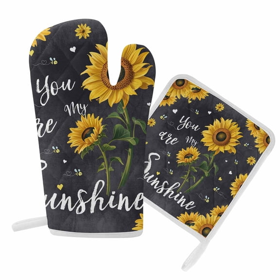 Oven Mitts and Pot Holder Set for Kitchen, Bee Sunflowers Kitchen Oven Gloves Heat Resistance Non-Slip Surface Potholders Black You Are My Sunshine Hot Pads Sets for Cooking Baking Grilling BBQ