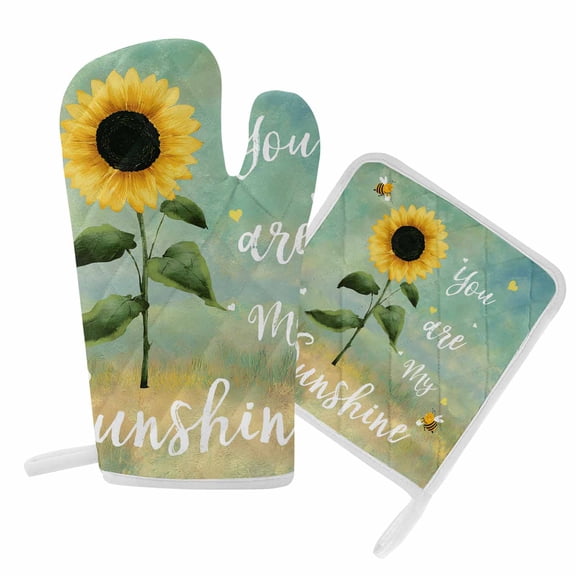 Oven Mitts and Pot Holder Set for Kitchen, Bee Sunflowers Kitchen Oven Gloves Heat Resistance Non-Slip Surface Potholders Green You Are My Sunshine Hot Pads Sets for Cooking Baking Grilling BBQ