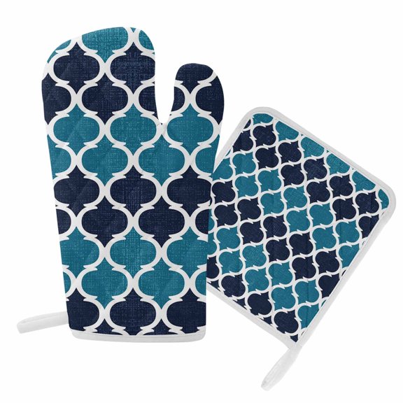 Oven Mitts and Pot Holder Set for Kitchen, Blue Moroccan Design Kitchen Oven Gloves Heat Resistance Non-Slip Surface Potholders Retro Geometric Pattern Hot Pads Sets for Cooking Baking Grilling BBQ