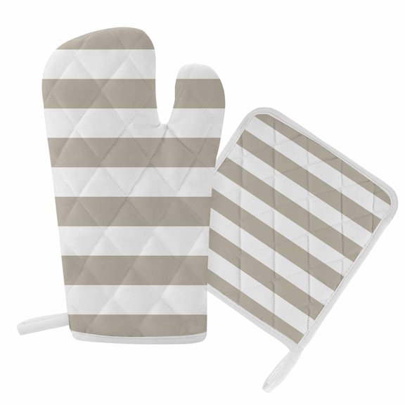 Oven Mitts and Pot Holder Set for Kitchen, Classical Stripe Kitchen Oven Gloves Heat Resistance Non-Slip Surface Potholders Beige Hot Pads Sets for Cooking Baking Grilling BBQ