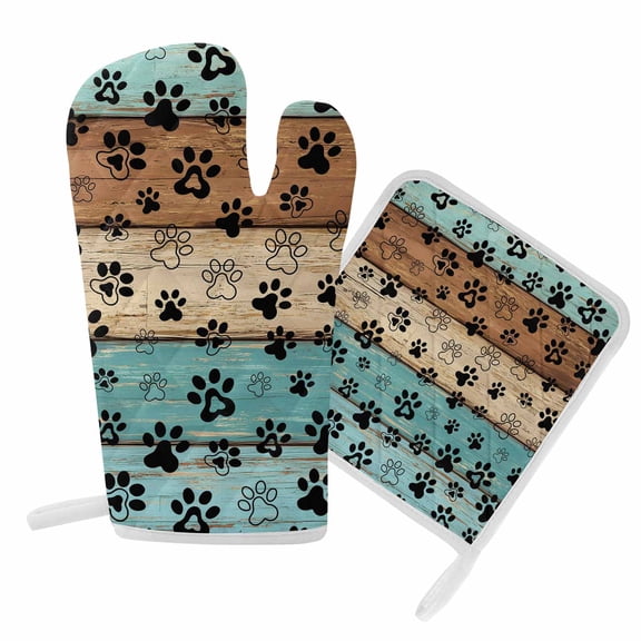 Oven Mitts and Pot Holder Set for Kitchen, Dog Paw Print Kitchen Oven Gloves Heat Resistance Non-Slip Surface Potholders Retro Brown Turquoise Wood Grain Hot Pads Sets for Cooking Baking BBQ